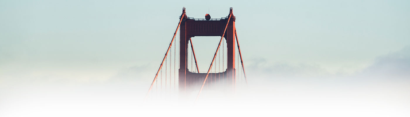 The Golden Gate Bridge rising above the fog
